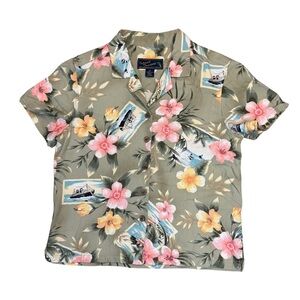 ISLAND TRADERS Hawaiian Shirt Green Pink Button Down Rayon Mens Size Medium